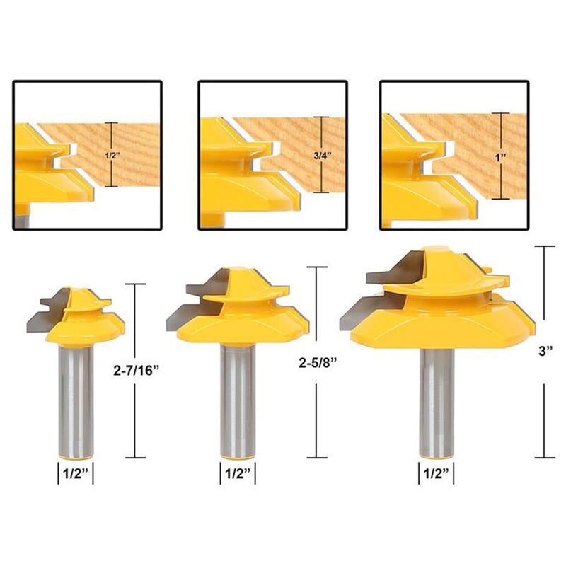 YHSITFNG 1/2 Inch Shank 45 Degree Lock Miter Router Bit, Easy to Create Lock Miter Joint, with Center Punch and Sander Paper for Woodworking (1/2 inch Shank, 1/2”, 3/4”, 1” Cutting Height) - Image 3